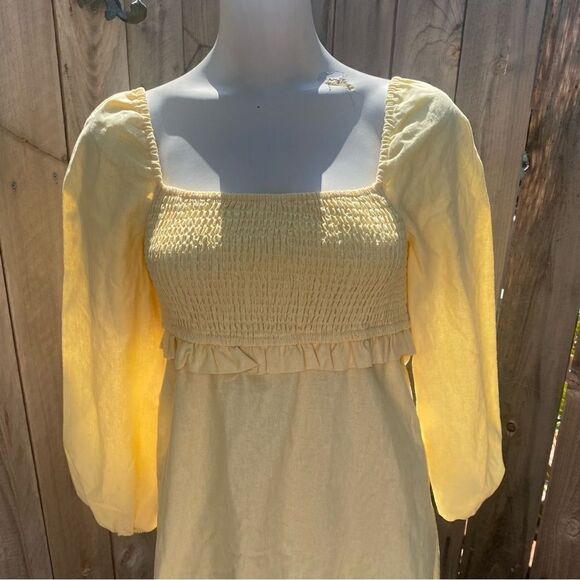 For All Mankind yellow linen Midi Dress With Puff Sleeves Ruffle Smocked Top XS - Picture 7 of 9